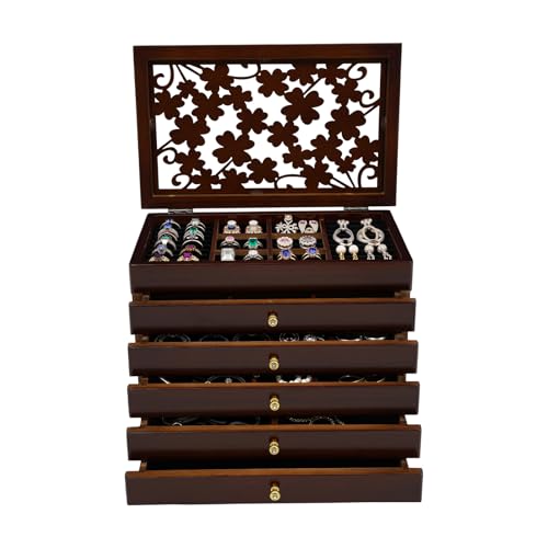 Large Retro Jewelry Box Organizer,6-layer Lucky Four Leaf Clover Carving Brown Rustic Wooden Jewelry Storage Boxes & Organizers for Rings Earrings Necklaces Bracelets, Women Girls Gifts - color: Brown B, size: 6-Layer