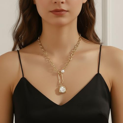 Chunky Pearl Necklaces for Women Chunky Baroque Pearl Beaded Gold Chain Link Pearls Pendant Necklace White Pearls Necklace Valentine's Day Jewelry Gifts Party Prom Birthday Outfits Accessorie - style: Gold Chain,Two Pearls