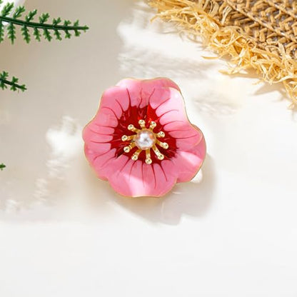 NewZenro Elegant Large Flower Statement Rings for Women Gold-Tone Plated Danity Enamel Faux Pearl Big Floral Adjustable Open Wrap Finger Rings Comfort Fit Wedding Promise Fashion Jewelry - color: Pink