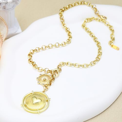 Chunky Gold Necklace for Women, 18K Waterproof Heart Necklace Statement Necklace Gold Charm Necklace Chunky Jewelry Paperclip Chain Choker Gift for Women - style: Heart Sun Coin