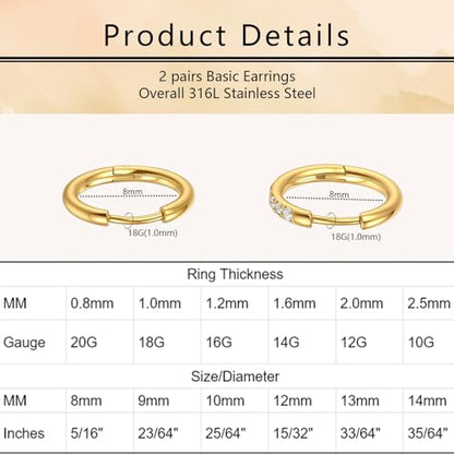 Small Hoop Earrings for Women, Stainless Steel Huggie Hoop earrings, 18G | 2/4/6 Pairs, 6mm/8mm/12mm Small Hoop Earrings, Lobe Helix Conch Tragus Daith Rook Cartilage Piercing Jewelry,Gold Silver - color: Golden-2 pairs-8mm