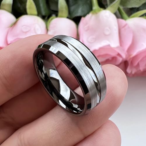 TUTISS 6mm 8mm Silver/Black/Blue/Gunmetal/Gold/Rose Gold Tungsten Rings for Men Women Fashion Engagement Wedding Bands Matte Finish Beveled Edges Comfort Fit - color: 8mm Gunmetal Brushed