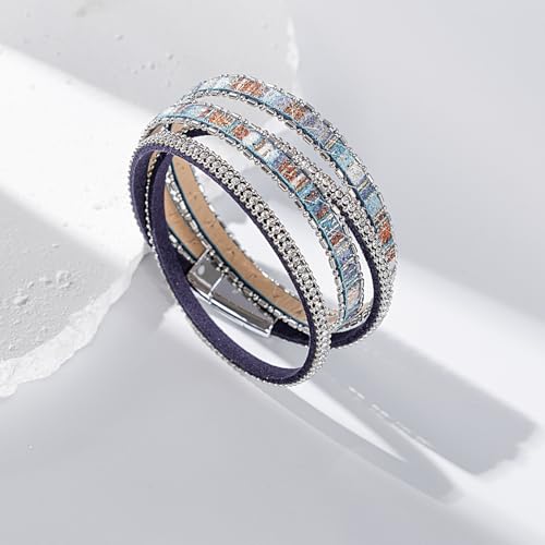 Boho Double Wrap Leather Bracelets Stackable Layered Western Hippie Jewelry | Colorful Stacked Bohemian Statement Chunky Magnetic Clasp Cuff Bangles Cowgirl Country Summer Beach Outfits for Women Trendy - color: Blue