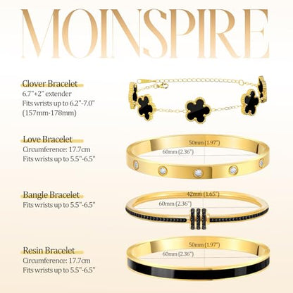 MOINSPIRE Gold Bracelets for Women, 18K Gold Plated Tennis Nail Clover love Bangle Bracelets Set Non Tarnish, Stainless Steel Trendy Stackable Bracelet Fashion Jewelry Accessories Gifts for Christmas - color: C1-Black