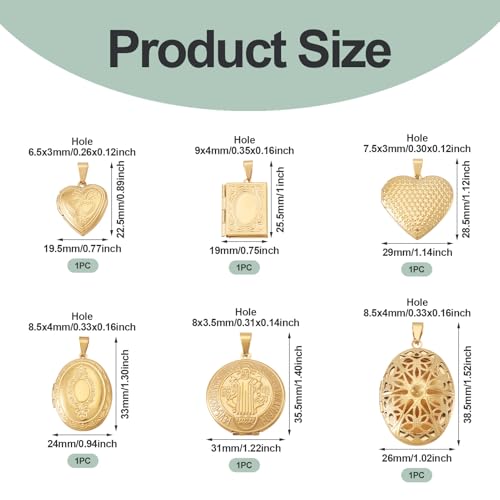 6Pcs 20K Gold Plated Locket Pendants Heart Oval Flat Round Rectangle Photo Frame Charms Golden Locket Charms for Necklaces DIY Memorial Necklace Making - color: Stainless Steel Color, 6 Styles