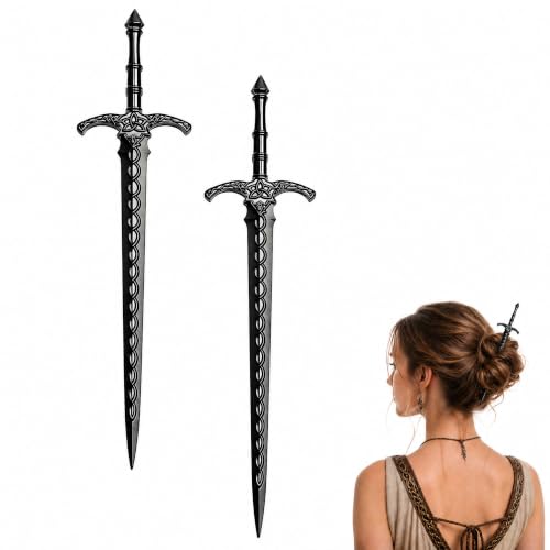 2PCS Viking Sword Hair Pins - Black Metal Hair Sticks for Women | Gothic Hair Accessories for Buns, Updos, Renaissance Festival, Halloween & Cosplay
