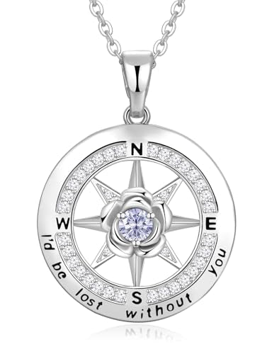 Meeshi Silver Compass Necklace for Women Birthday Gifts for Wife Anniversary Necklace for Women Rose Flower Birthstone Necklaces for Wife Jewelry for Womens Girlfriend Mom Daughter - style: 06-June-Alexandrite