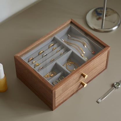 Black Walnut Jewelry Organizer, 2 Layer | Wooden Jewelry Box, For Women, For Necklaces Ring Earring - size: 2 Layer