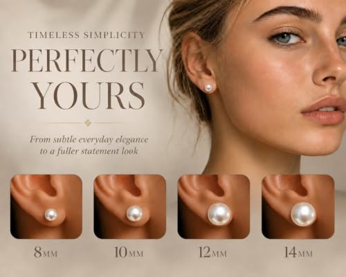 Pearl Earrings Hypoallergenic, Handpicked 18K Gold Plated Sterling Silver | Freshwater Cultured Pearl Stud Earrings Flat Back for Sensitive Ears, 8-14mm, Nickel Free, Non Tarnish Gift Pouch - size: 14mm