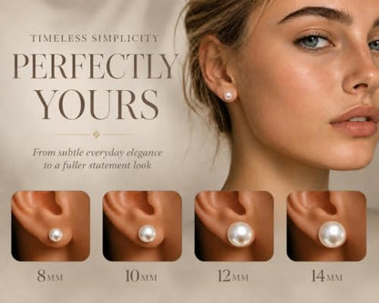 Pearl Earrings Hypoallergenic, Handpicked 18K Gold Plated Sterling Silver | Freshwater Cultured Pearl Stud Earrings Flat Back for Sensitive Ears, 8-14mm, Nickel Free, Non Tarnish Gift Pouch - size: 14mm