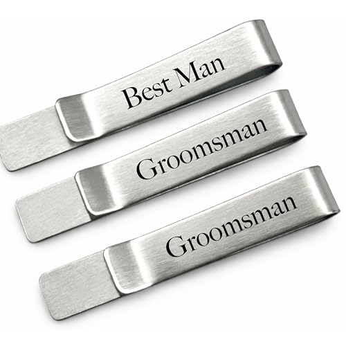 Wedding Party Tie Clip Set of 3 – Stainless Steel Silver Tie Bars for Men – Fishing, Hunting, Golfing, Cross, Suit Designs – Gifts for Groomsmen and Best