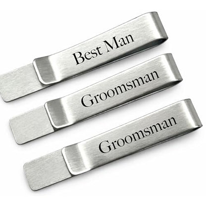 Wedding Party Tie Clip Set of 3 – Stainless Steel Silver Tie Bars for Men – Fishing, Hunting, Golfing, Cross, Suit Designs – Gifts for Groomsmen and Best