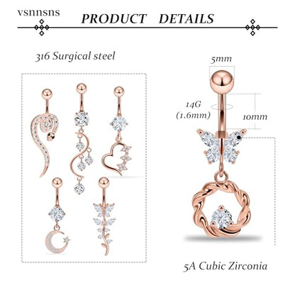 Vsnnsns 14G Dangle Belly Button Ring Piercing Jewelry 316L Stainless Surgical Steel Snake Heart Butterfly Flower Diamond CZ Navel Rings Dangling Belly Button Ring Piercing Jewelry for Women 14 Gauge - color: Rose Gold Tone