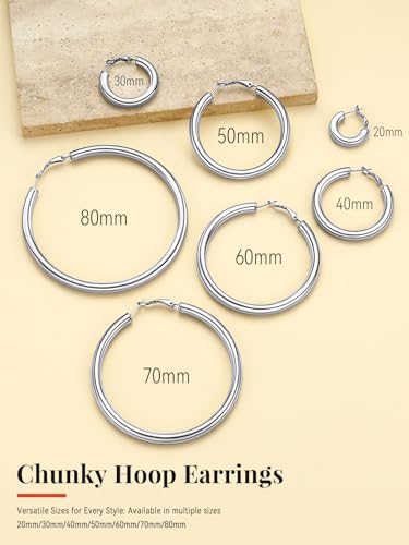 FaithHeart Silver/Black/Gold Stainless Steel Chunky Hoop Earrings for Women | Hypoallergenic Lightweight Hoop Earrings, Trendy Statement Thick Hoop, 20/30/40/50/60/70/80mm - color: Silver, size: 20mm