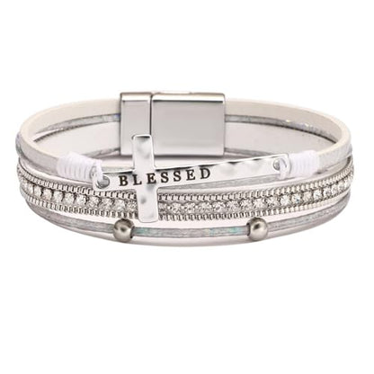 Religious Cross Engraved Blessed Leather Wrap Match Strand Bracelet for Women Multi-Layer Boho Beaded Cuff Bangle Bracelet Christian Jewelry - color: White