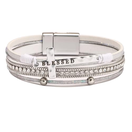 Religious Cross Engraved Blessed Leather Wrap Match Strand Bracelet for Women Multi-Layer Boho Beaded Cuff Bangle Bracelet Christian Jewelry - color: White