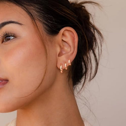 micuco 3 Pairs Small Gold Hoop Huggie Earrings Set for Women Men Tendy | 14K Gold Plated Small Huggie Hoop Earrings for Men, Tiny Cartilage Hypoallergenic Earring Set - style: W# Rose gold 8-10-12mm