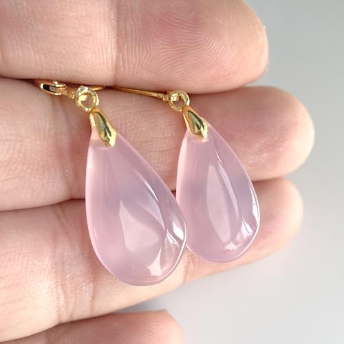 Natural Waterdrop Stone Drop Earrings,Yellow Gold Plated Real Genuine Teardrop Crystal Quartz Gemstone Dangle Earrings for Women Her - color: C01_Rose-Purple Jade