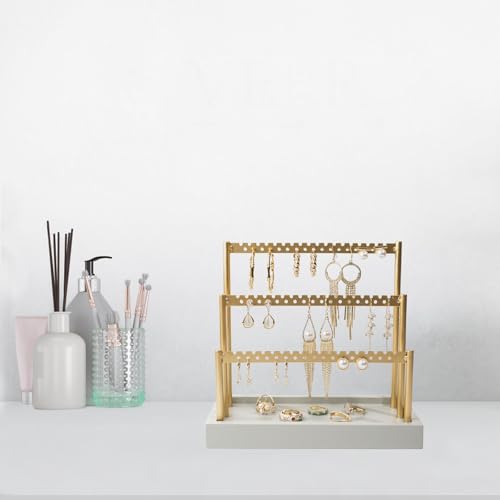 SANY DAYO HOME 3-Tier Earring Holder Organizer Stand, 105 Holes Gold Metal Earring Rack Jewelry Display Tree with Gray Wood Tray for Women and Girls - color: Gold Rack Gray Base