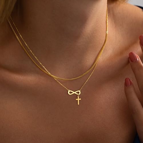 14K Gold Layered Cross Necklaces for Women,Tiny Small Sideways Cross Necklace Minimalist Christian Jewelry Gifts First Communion Confirmation Easter Stuff,2Pcs - color: infinity cross,gold