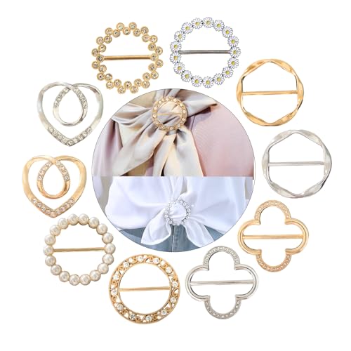 10PCS Silk Scarf Ring Shirt Clips Button Covers for Women Blouses | 7 Styles Metal Button Covers Scarf Rings for Women Clothes,Round Circle Clip Gold Buckle Clothes Corner Knotted Button Cuffs