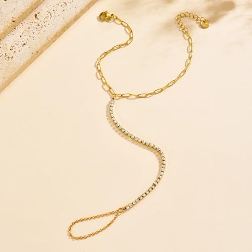 Dainty 18K Gold Plated Tiny Bracelets with Finger Ring for Women | Waterproof Hypoallergenic Adjustable Hand Harness Chain Jewelry - color: Paperclip Tennis-GD
