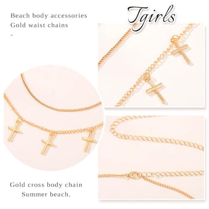Tgirls Gold Waist Chain for Women Rhinestone Layered Belly Chains Beads Body Chain Heart-Shaped Beach Body Jewelry for Summer - style: Cross