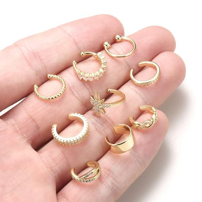 9Pcs Ear Cuff 14K Gold Plated Cuff Earrings Gold Ear Cuffs Non Pierced | Fake Conch Cartilage Earrings Ear-Clips Minimalist Non Piercing Delicate Clip-on Ear Cuffs Stackable Set - style: A-9pcs-Gold