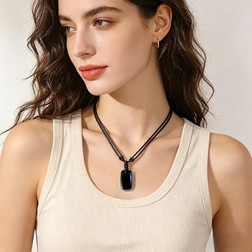 Natural Gemstone Pendant Necklace Healing Crystal Choker Necklace Adjustable Waxed Black Rope for Women Men - color: Obsidian