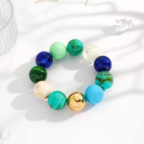 WOWORAMA Chunky Beaded Bracelets for Women Colorful Large Square Beads Bracelet Boho Acrylic Resin Stretch Bracelets Statement Chunky Bracelet Summer Jewelry - color: Large-blue