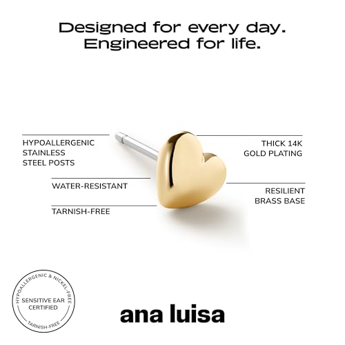 Ana Luisa Puffed Heart Earrings - Heart Charm Huggie Hoops and Earring Stud Styles - Dainty 14K Gold Plated, Silver Rhodium Plated & Mixed Metal Silver & Gold Earrings - Hypoallergenic Water-Resistant - color: Gold Stud