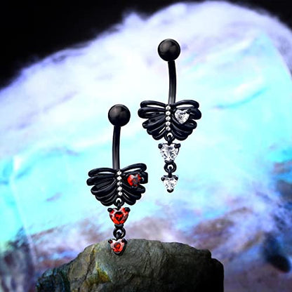 Black Skeleton Heart Belly Button Rings Dangle Halloween Navel Rings 14G Belly Piercing Jewelry Stainless Steel - color: Red
