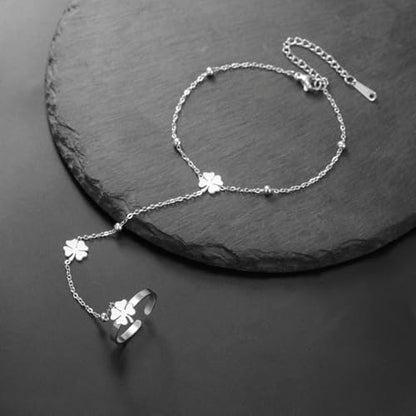 UNIFT Hand Chain Bracelets for Women Set Stainless Steel Adjustable Heart or Four-Leaf Clover Ring Chain Bracelet Trendy Dainty Jewelry Set Gifts - color: silver 2