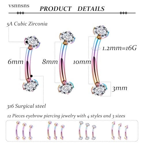 Rook Daith Piercing Jewelry 16G Stainless Surgical Steel Curved Barbell Eyebrow Rings Vertical Labret Lip Piercing Jewelry Rook Daith Earrings for Women Men 6MM 8MM 10MM Hypoallergenic - color: Rainbow-6MM 8MM 10MM