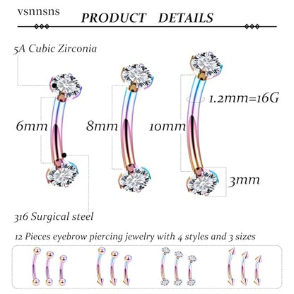 Rook Daith Piercing Jewelry 16G Stainless Surgical Steel Curved Barbell Eyebrow Rings Vertical Labret Lip Piercing Jewelry Rook Daith Earrings for Women Men 6MM 8MM 10MM Hypoallergenic - color: Rainbow-6MM 8MM 10MM