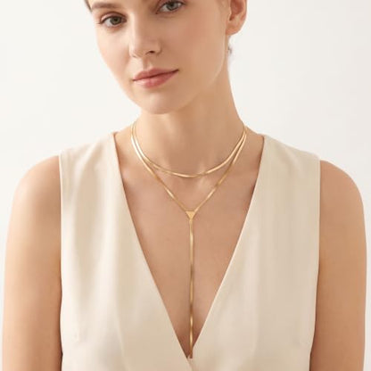 Gold Drop Necklace For Women, 14K Gold Choker Necklace with Clasp | Gold Accessories for Women, Snake Chain Y Shaped Necklace, Charm Party Prom Accessories Gifts