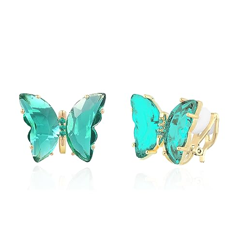 YOQUCOL Butterfly Shape Crystal Clip On Earrings Non Pierced Golden Stud for Women - color: Green