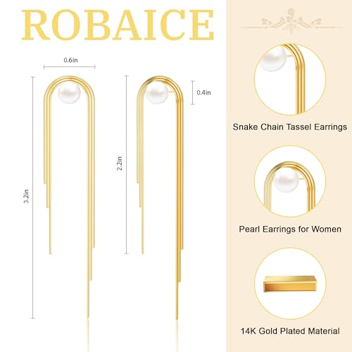 Robaice 14K Gold Plated Dangle Earrings for Women, Long Drop Earrings | Dainty Tassel Earrings Trendy, Hypoallergenic Dangling Lip Block Snake Chain, Threader Earrings for Women, Jewelry Gifts - color: Gold 2