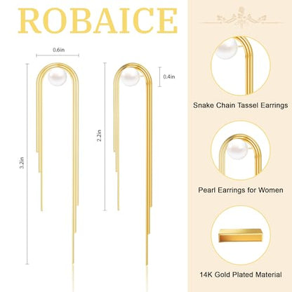 Robaice 14K Gold Plated Dangle Earrings for Women, Long Drop Earrings | Dainty Tassel Earrings Trendy, Hypoallergenic Dangling Lip Block Snake Chain, Threader Earrings for Women, Jewelry Gifts - color: Gold 2