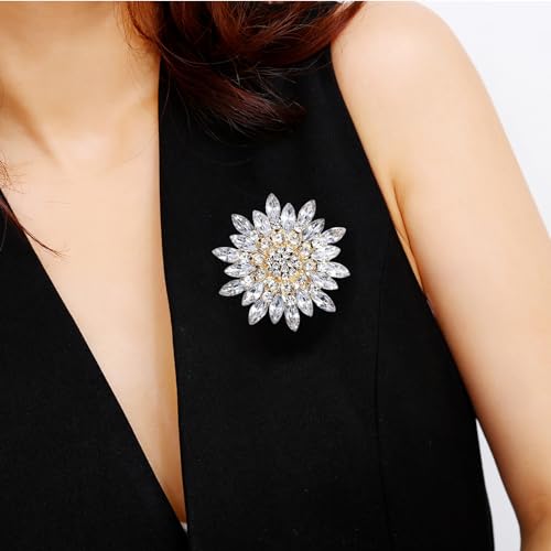 Rhinestone Sunflower Brooch Pin Red Pink Flower Brooch Stylish Crystal Brooch Elegant Clothing Hat Bag Accessories Jewerly for Women - color: White
