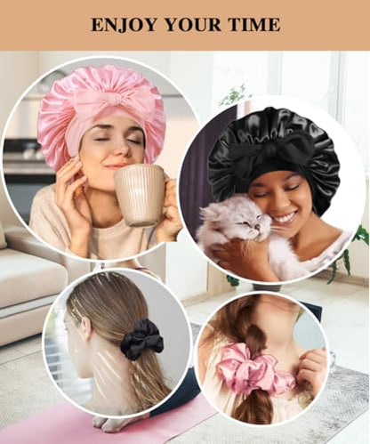 2+3 Large Satin Bonnets with Scrunchies for Women, Hair Bonnet Sleeping Tie Bonnet for Braids Curly Hair - color: C - Black, Blush Pink