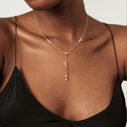 LuckFairy Lariat Necklace for Women，Dainty Gold Long Necklaces 14k Gold Plated CZ Lips Bead Y-Shaped Drop Chain Necklace Simple Gold Layered Necklaces for Women Trendy Gold Jewelry Gifts for Women - color: Gold-dainty long necklace