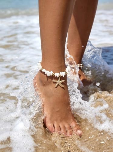 Starfish Shell Anklets for Women，Gold Plated Boho Jewelry Anklet Jewelry Set，With Pearls, Starfishs and shells ，Adjustable Summer Beach Jewelry Foot Accessories，Gifts Ready