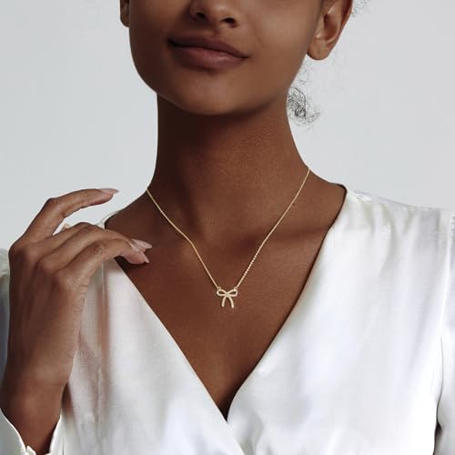 Luxval Diamond Pendant Gold Necklace for Women，Dainty 18k Gold Plated Choker Necklaces Simple Gold Jewelry Gifts for Women - color: Gold-CZ bow