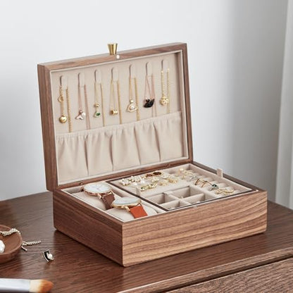 Black Walnut Wooden Jewelry Box for Women with Removable Tray | 2 Layer, Removable Tray, For Watches Rings Earrings Necklace Bracelets, Jewelry Organizer - style: 2 Layer A