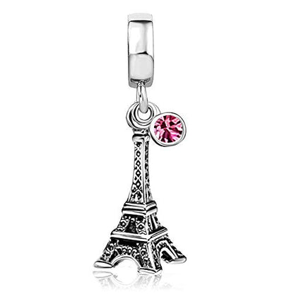 JMQJewelry Eiffel Tower Birthday Birthstone Jan-Dec Month Paris Dangle Womens Bead Charms for Bracelets Mothers Christmas Day - color: Pink