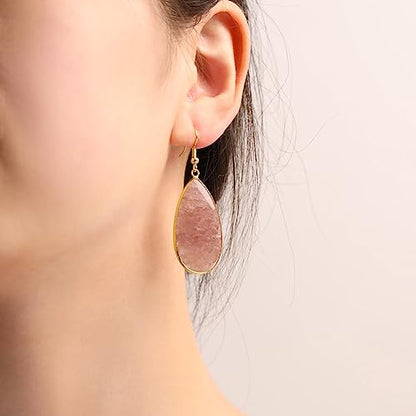 BaubleStar Natural Crystal Healing Stone Earrings Statement Teardrop Dangle Earrings for Women - color: Strawberry