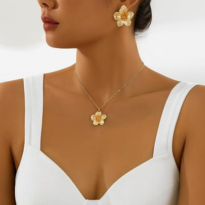 Gold Flower Jewelry Set For Women, 5 Pcs Chunky Golden Floral Pendant Necklace Bracelet Earrings Ring Set Statement Flower Jewelry Gifts For Beach Wedding - color: 2pcs-necklace+earrings