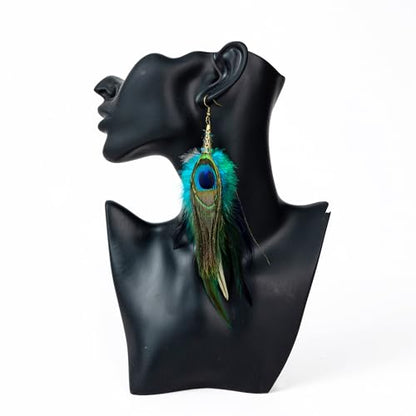 Bohemian Pheasant Peacock Long Feathers Statement Earrings Handmade Natural Lightweight Feather Dangle Earrings for Women (ea000071) - color: Peacock Blue 2