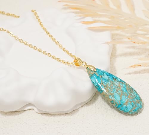 Stone Necklaces for Women Teardrop Gemstone Pendant Necklace Natural Stone Chain Necklaces - color: Turquoise Gold
